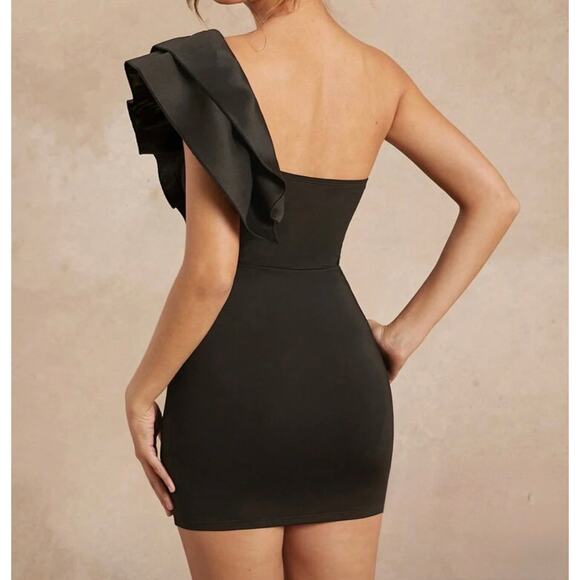 One Shoulder Black Bodycon Mini Dress – Ruffle Detail – Small (NWT) - Picture 3 of 5